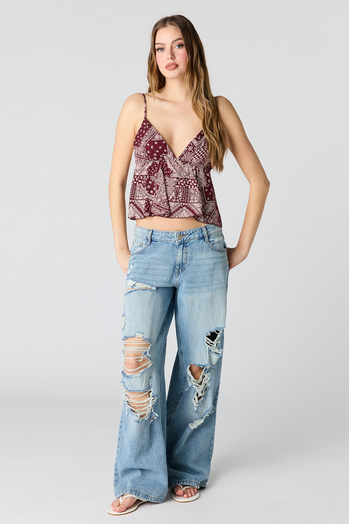 Alt View 3. Printed Babydoll Top - Burgundy