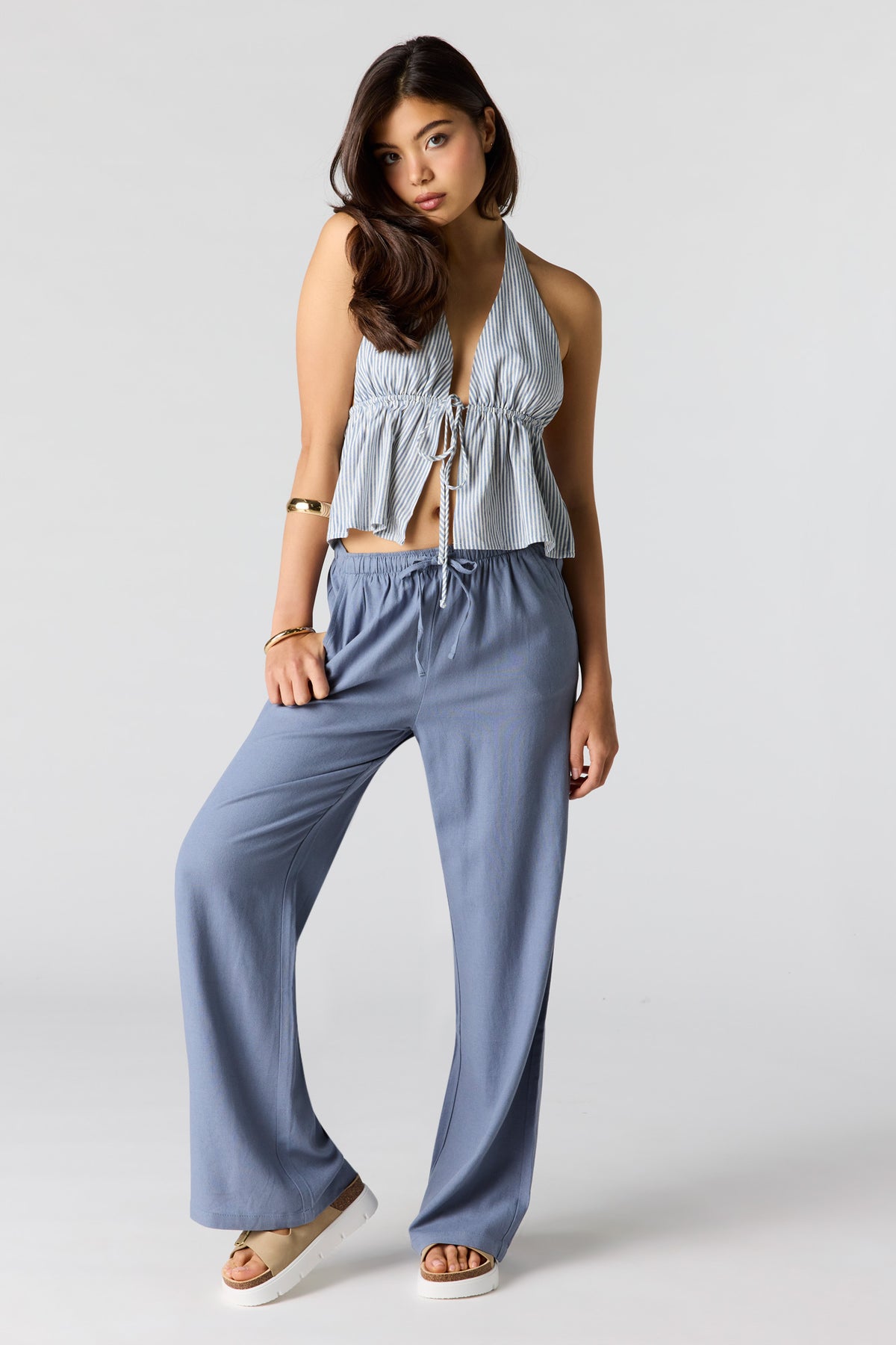 Alt View 3. Linen-Blend Flyaway Halter Top - Blue
