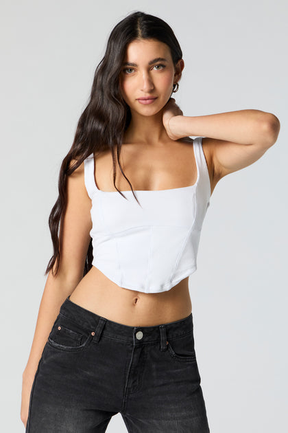 Ribbed Square Neck Corset Cropped Tank