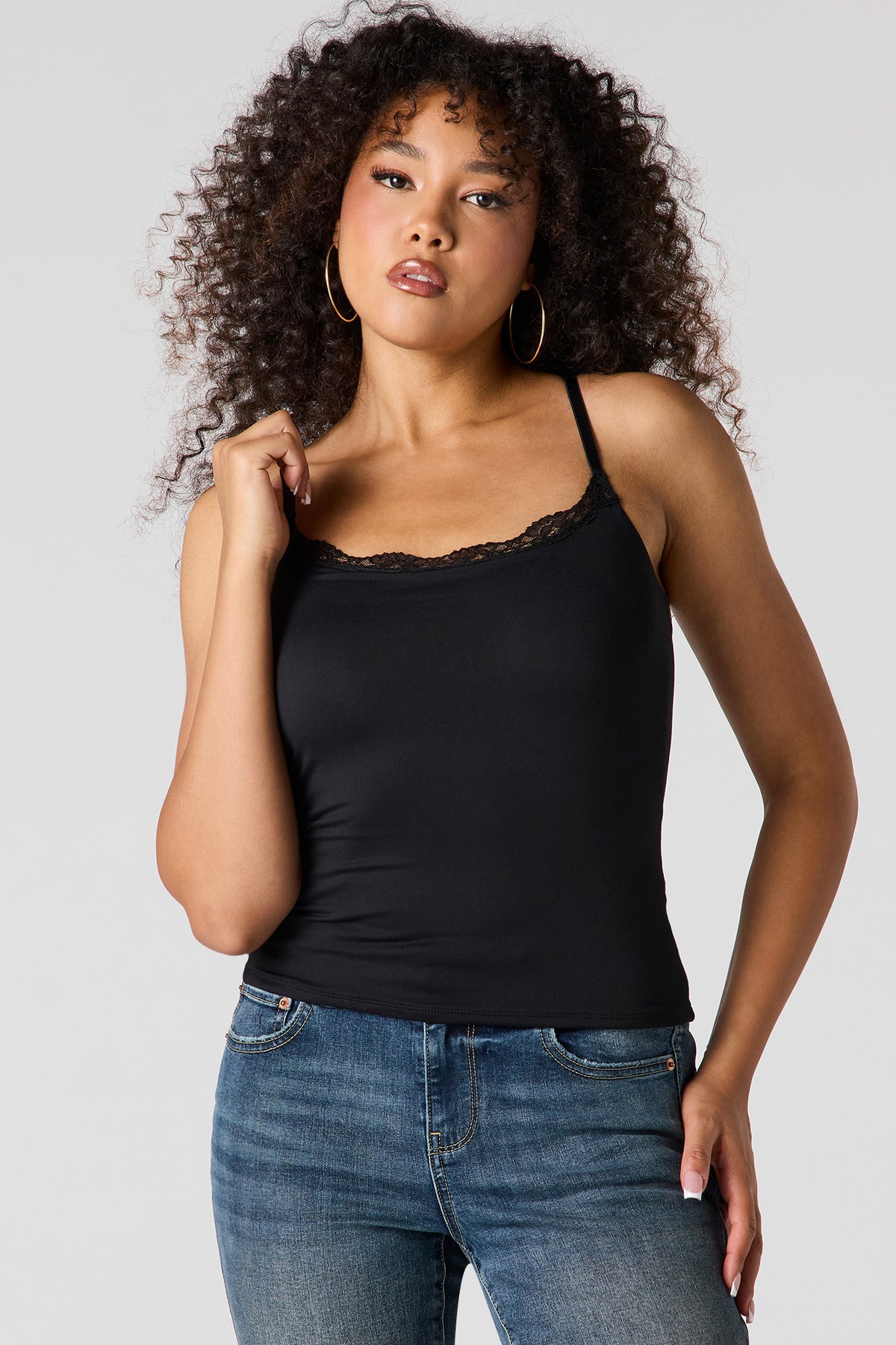 Braless Contour Lace Trim Scoop Neck Tank - Brown