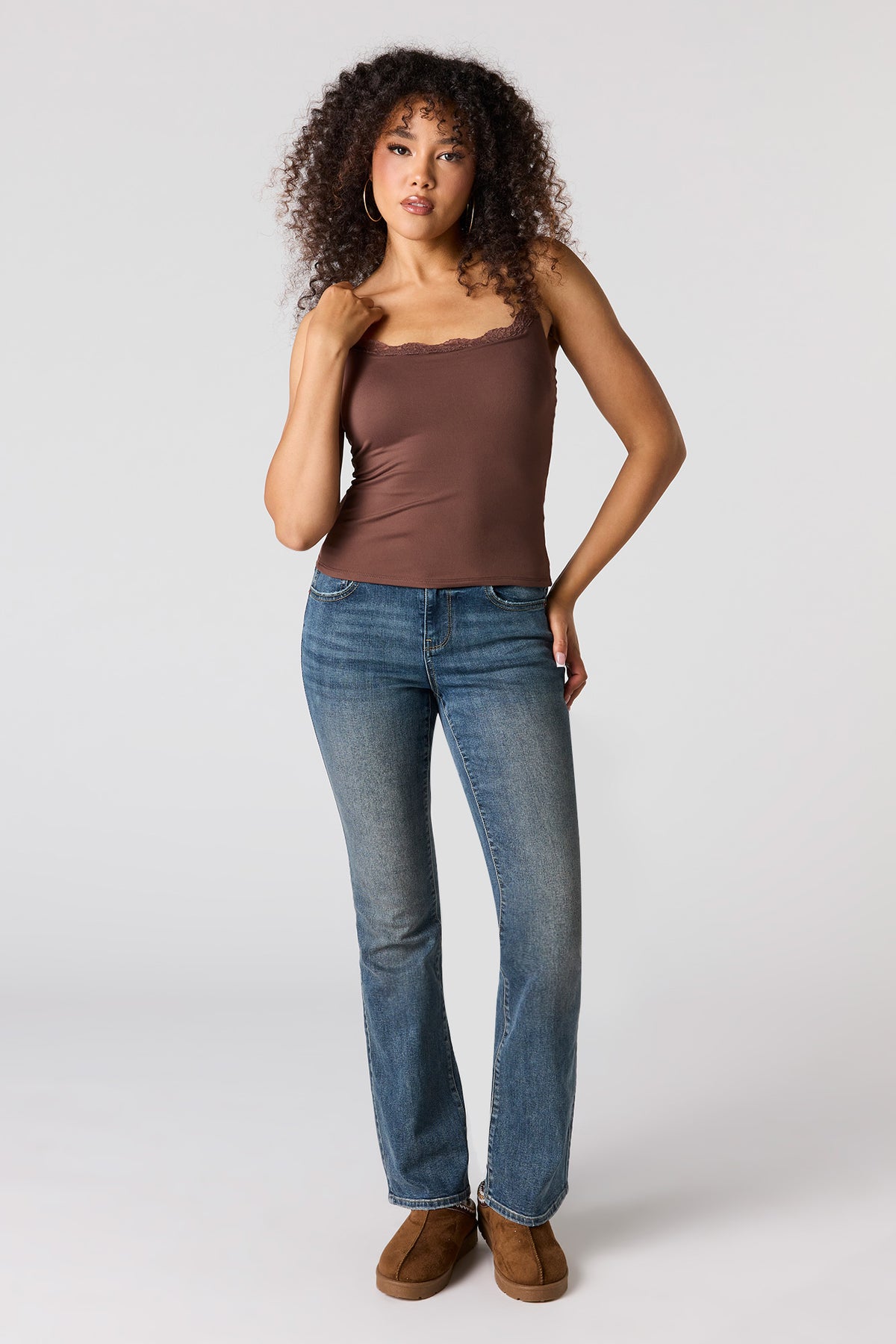 Alt View 3. Braless Contour Lace Trim Scoop Neck Tank - Brown