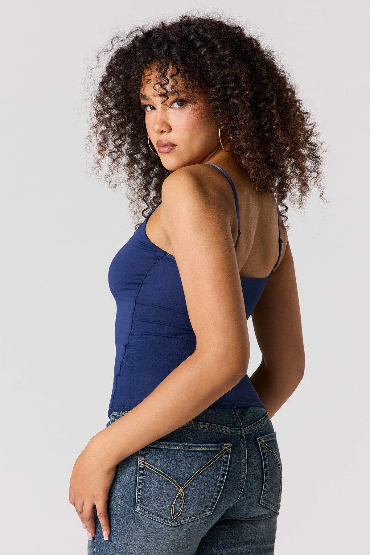 Alt View 2. Braless Contour Lace Trim Scoop Neck Tank - Navy