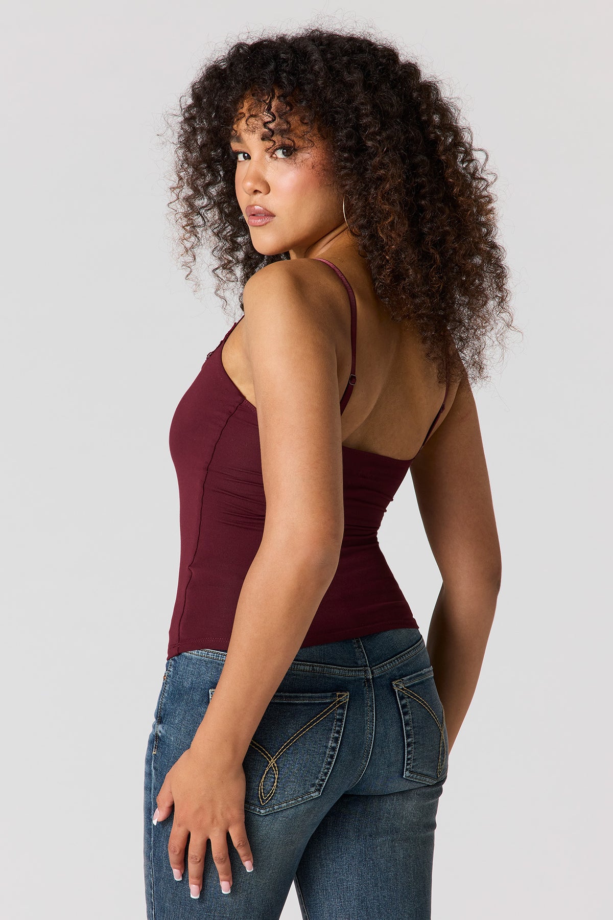 Alt View 2. Braless Contour Lace Trim Scoop Neck Tank - Burgundy
