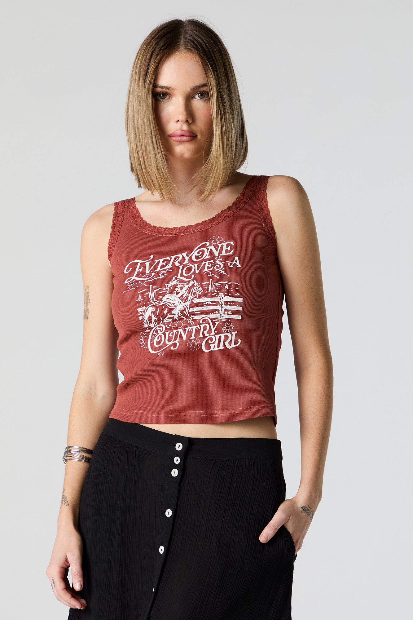 Country Girl Graphic Lace Trim Tank