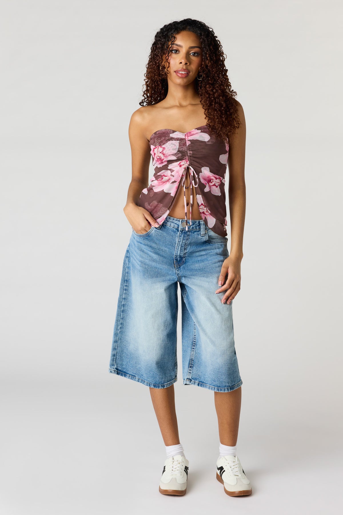 Alt View 3. Floral Mesh Butterfly Tube Top - Brown