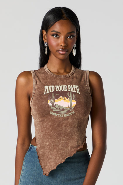 Find Your Path Graphic Washed Assymetical Tank