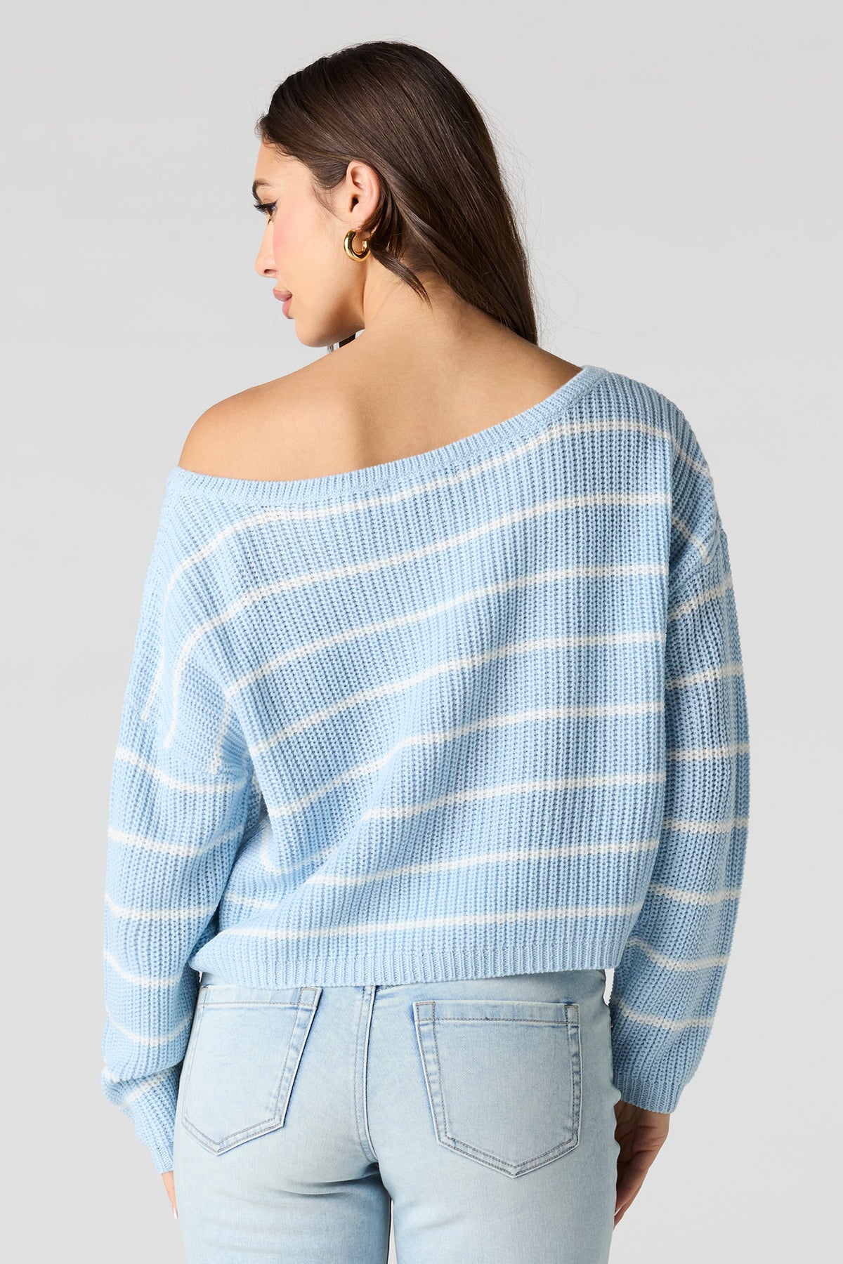 Alt View 2. Striped Boat Neck Sweater - Light Blue