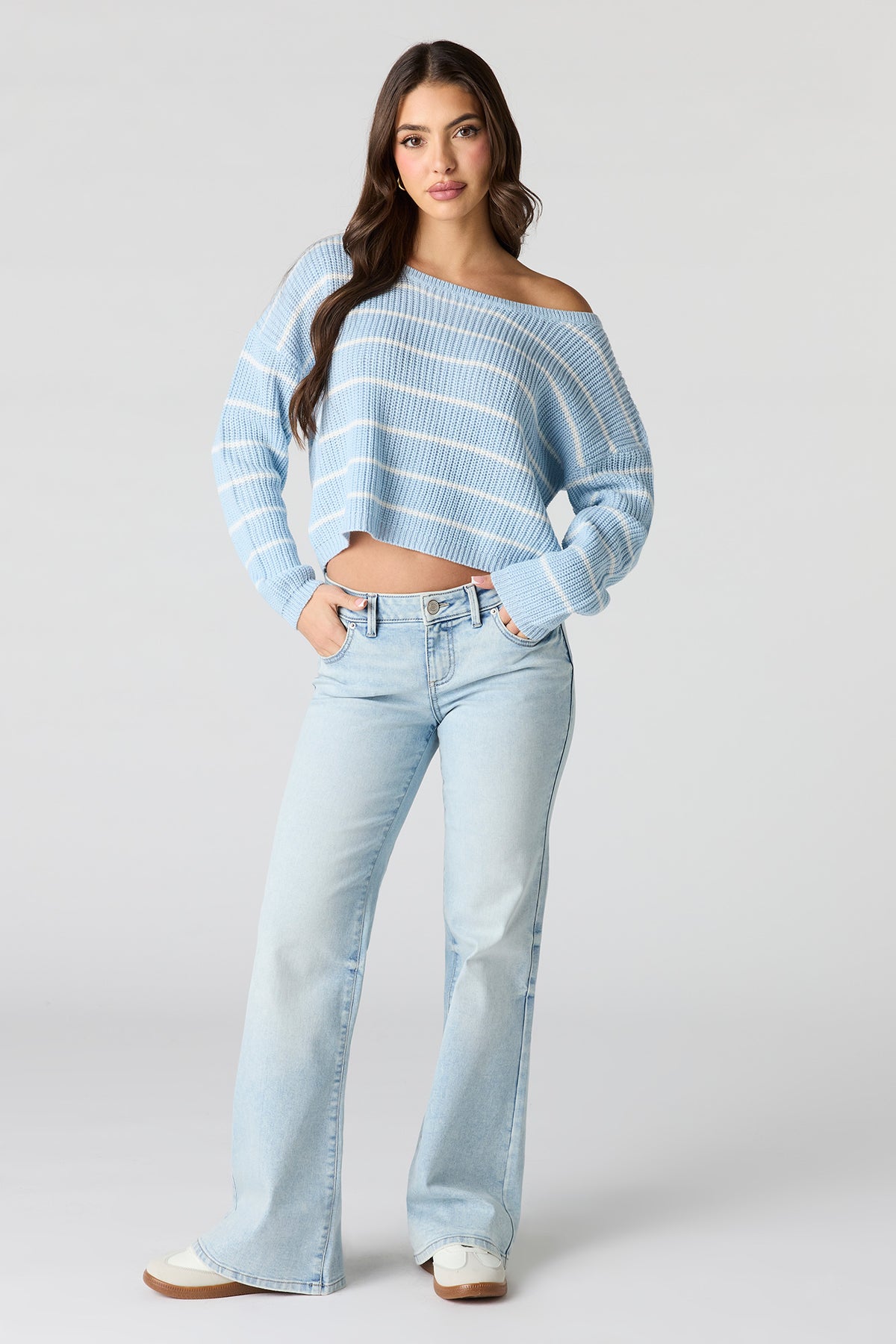 Alt View 3. Striped Boat Neck Sweater - Light Blue