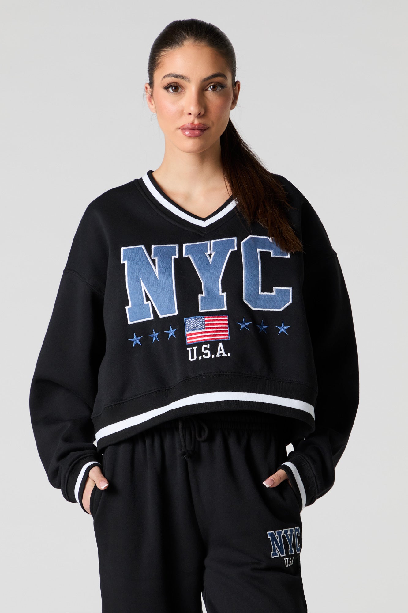 Embroidered V-Neck Contrast Striped Fleece Sweatshirt