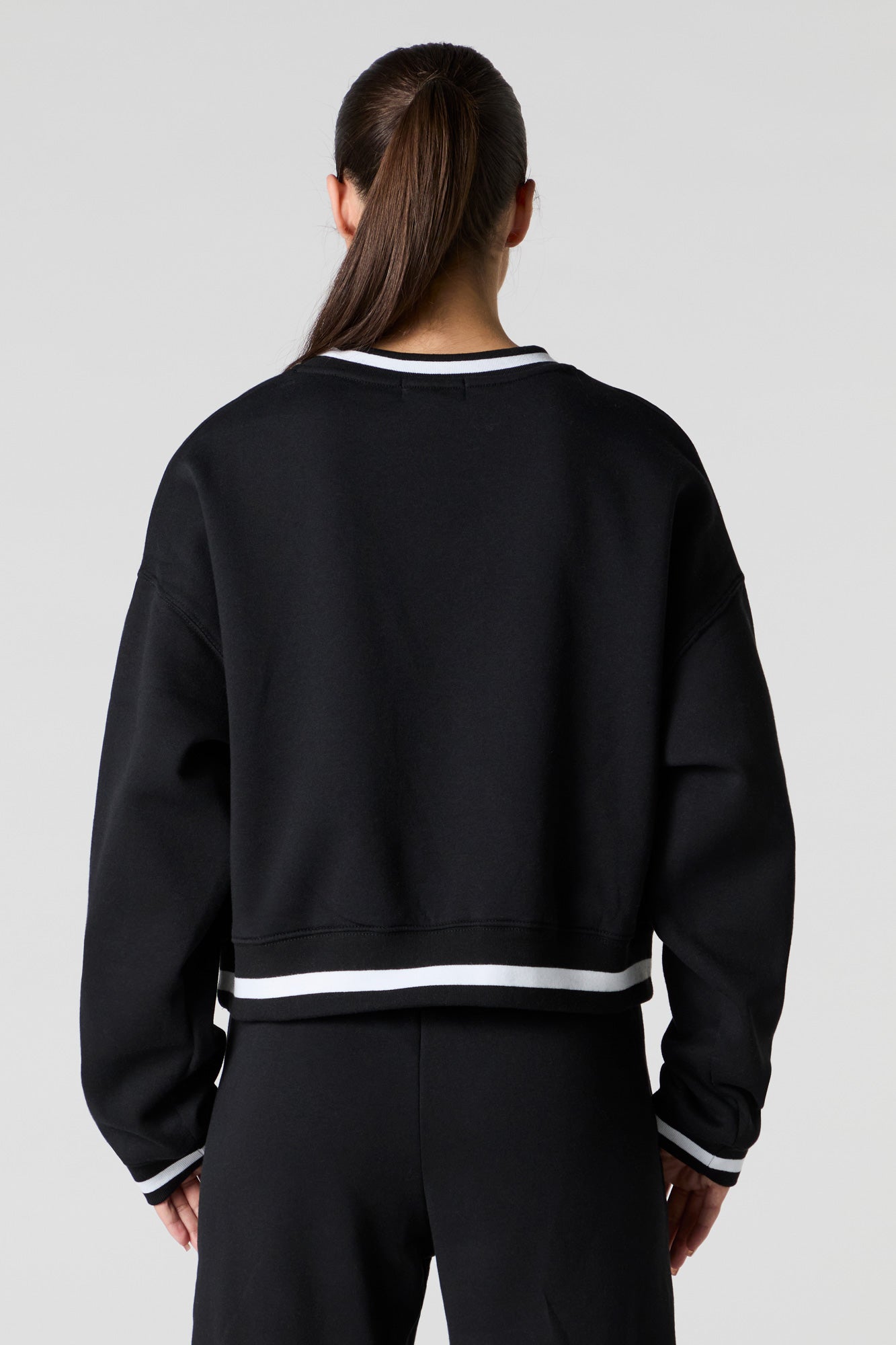 Embroidered V-Neck Contrast Striped Fleece Sweatshirt