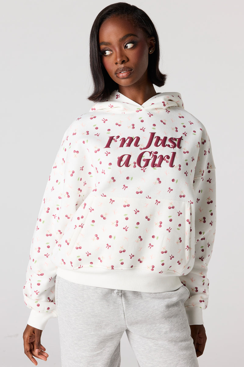 Just a Girl Puff Print Boxy Fleece Hoodie