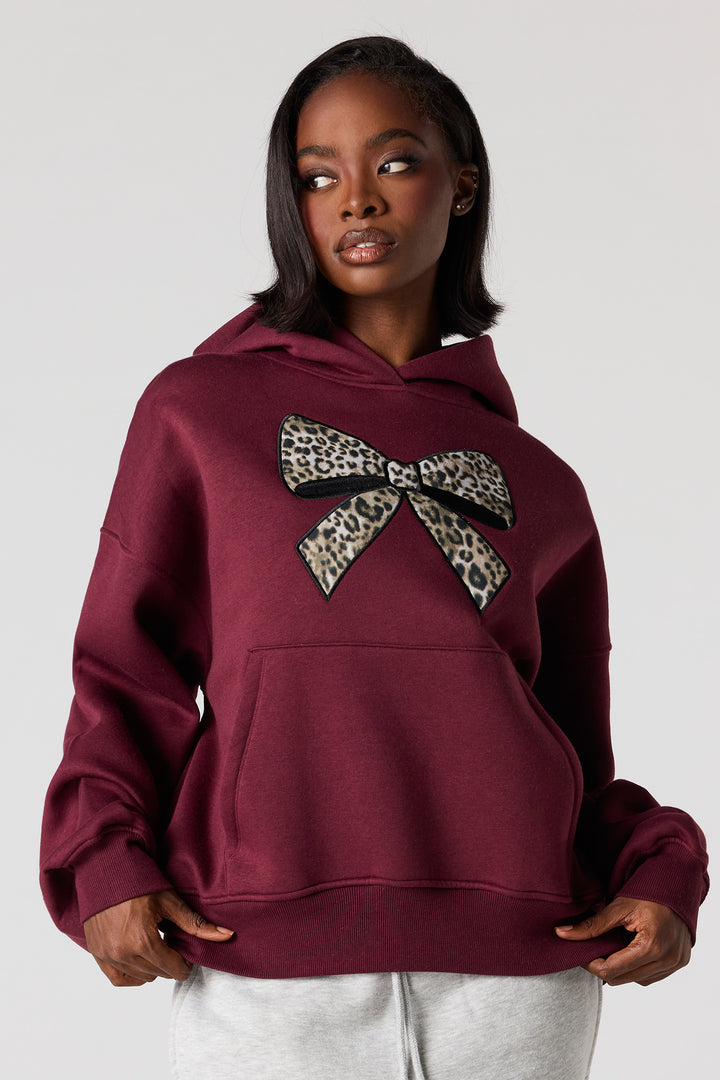 Cheetah Bow Twill Embroidered Boxy Fleece Hoodie