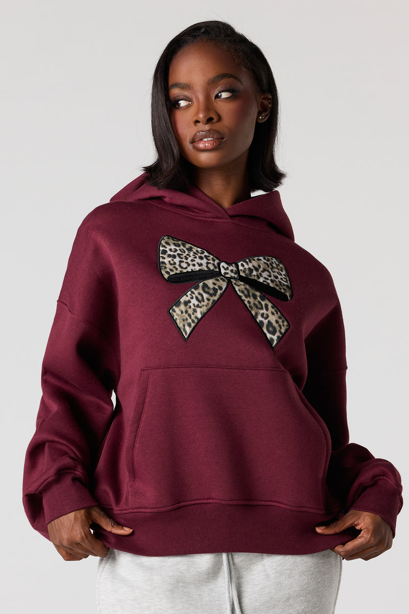 Cheetah Bow Twill Embroidered Boxy Fleece Hoodie