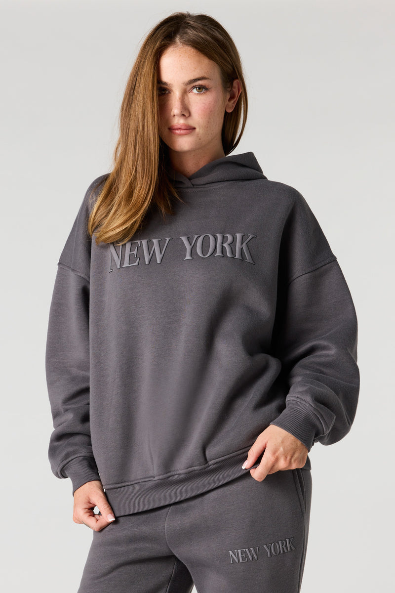 NY Puffed Print Boxy Fleece Hoodie