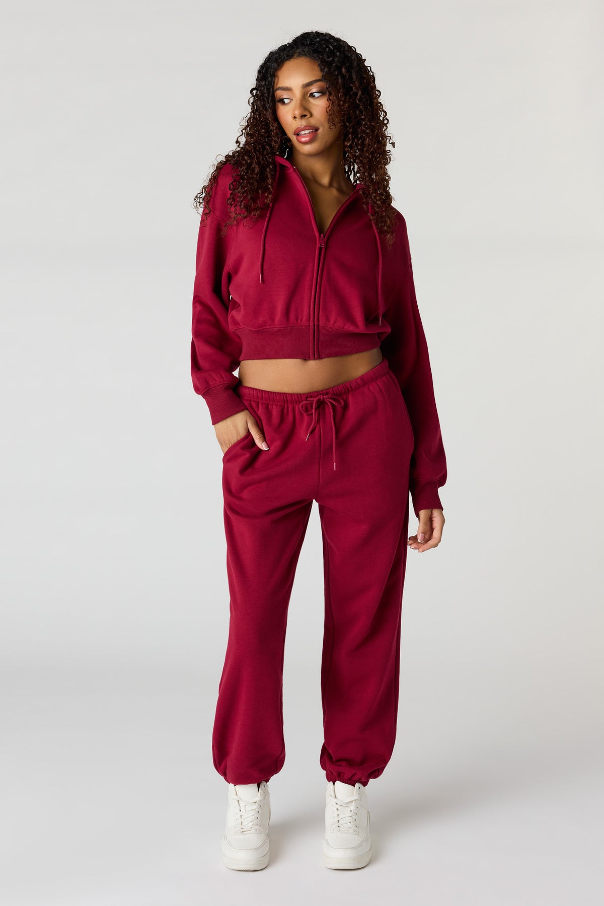 Alt View 3. Oversized Cropped Zip-Up Hoodie - Red