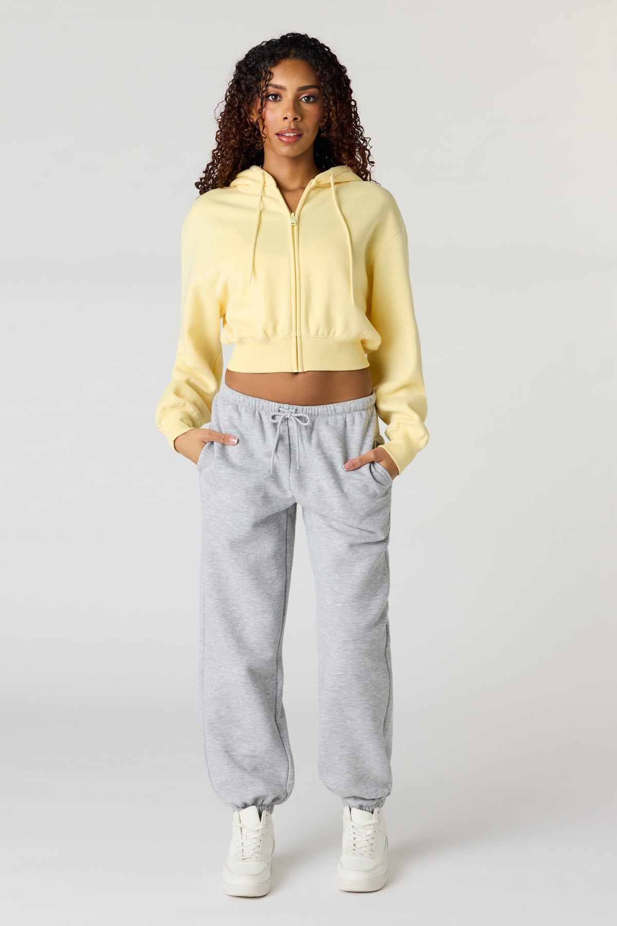 Alt View 3. Oversized Cropped Zip-Up Hoodie - Yellow