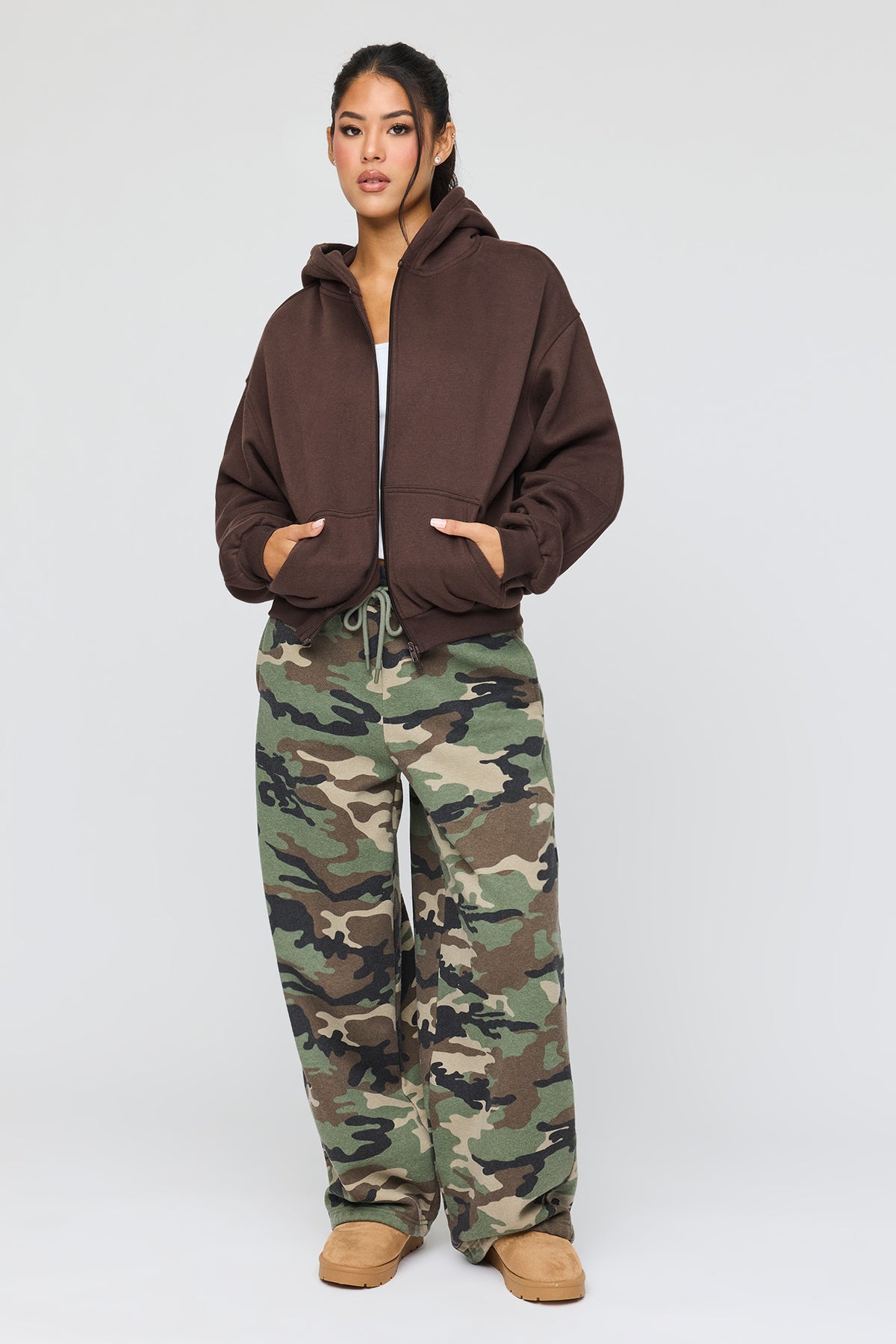 Alt View 3. Luxe Fleece Bubble Hem Zip Hoodie - Brown