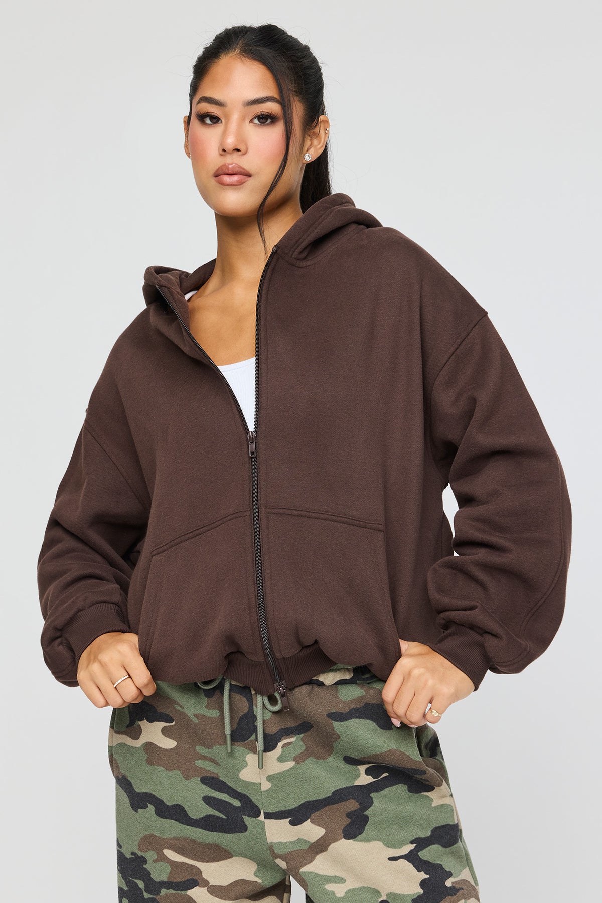 Luxe Fleece Bubble Hem Zip Hoodie - Brown