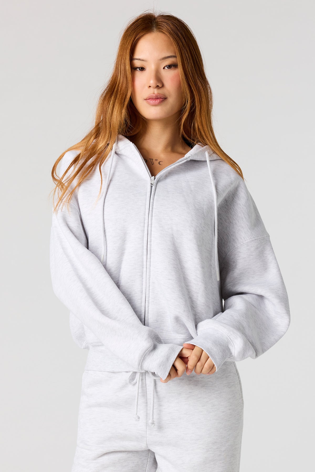 Fleece Boxy Zip-Up Hoodie - Grey Blue