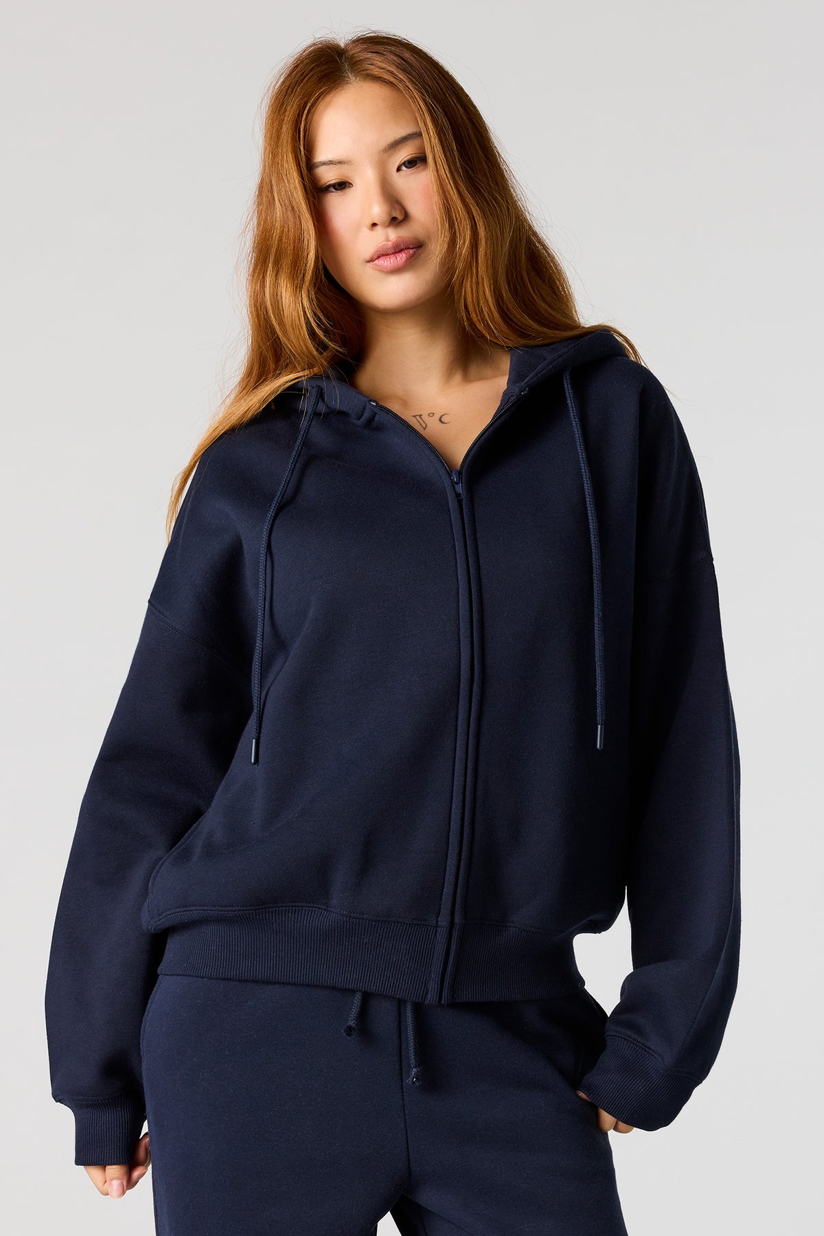Alt View 4. Fleece Boxy Zip-Up Hoodie - Grey Blue