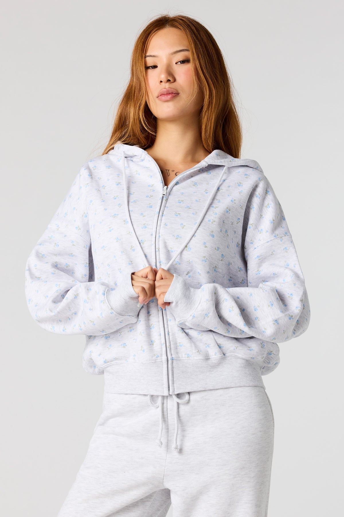 Fleece Boxy Zip-Up Hoodie - Grey Blue