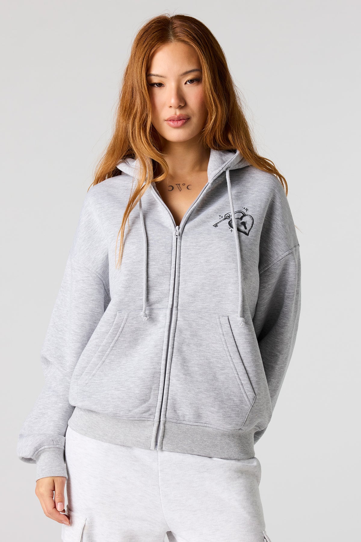 Alt View 2. Puff Print Boxy Zip-Up Hoodie - Heather Grey
