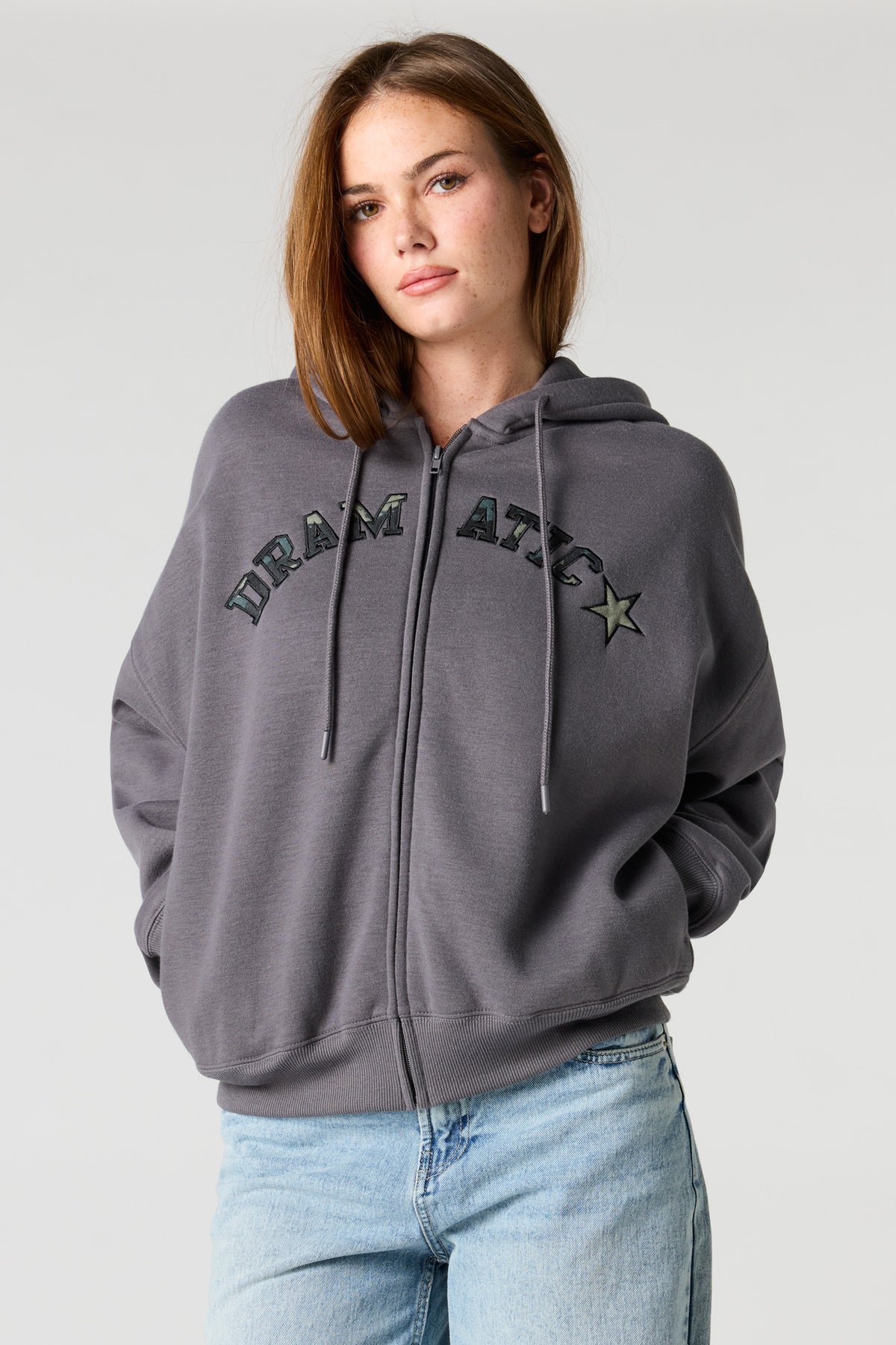 Boxy Fleece Zip-Up Hoodie - Dark Grey