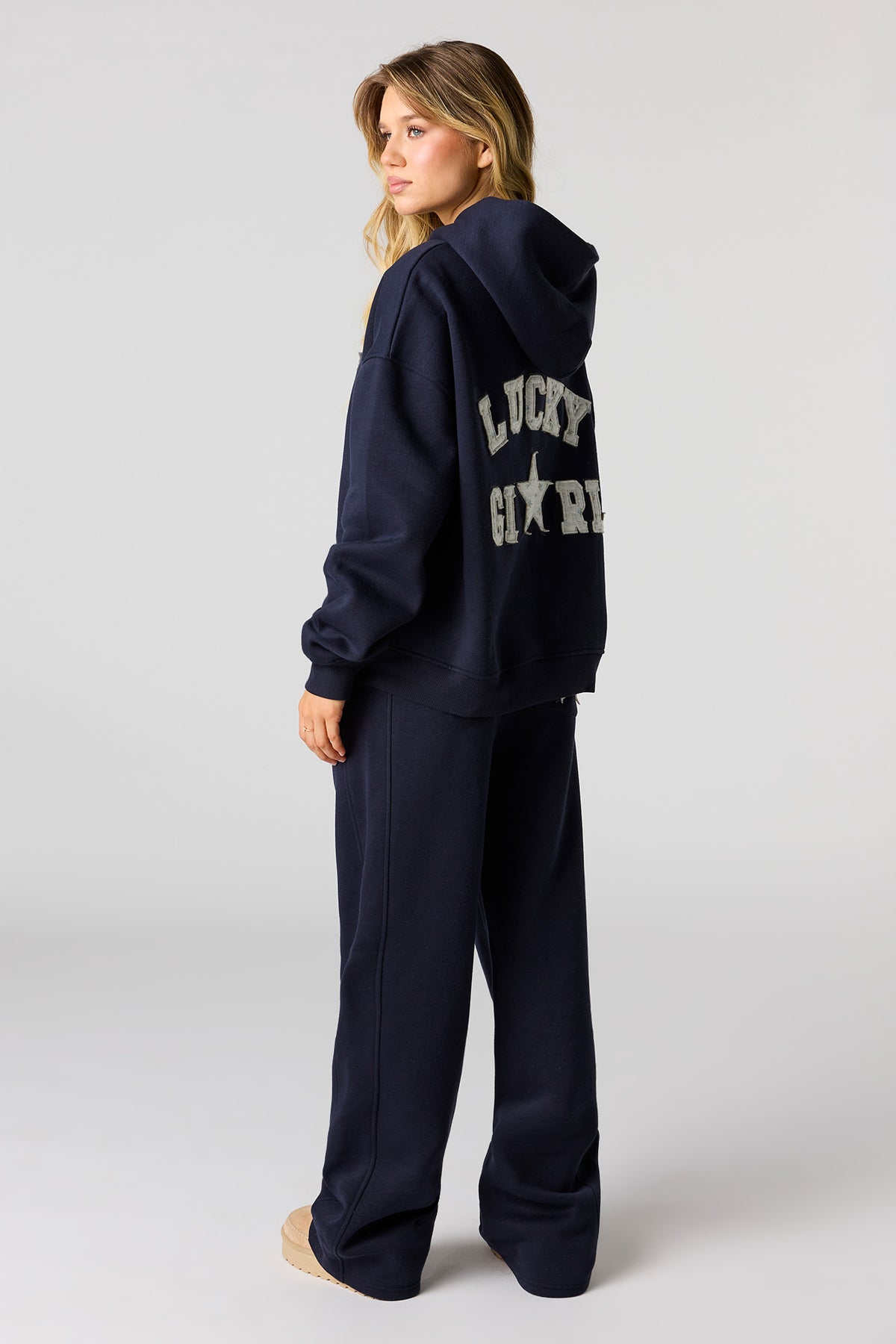 Alt View 3. Lucky Star Applique Wide Leg Fleece Sweatpant - Navy