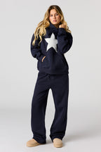 Lucky Star Applique Wide Leg Fleece Sweatpant