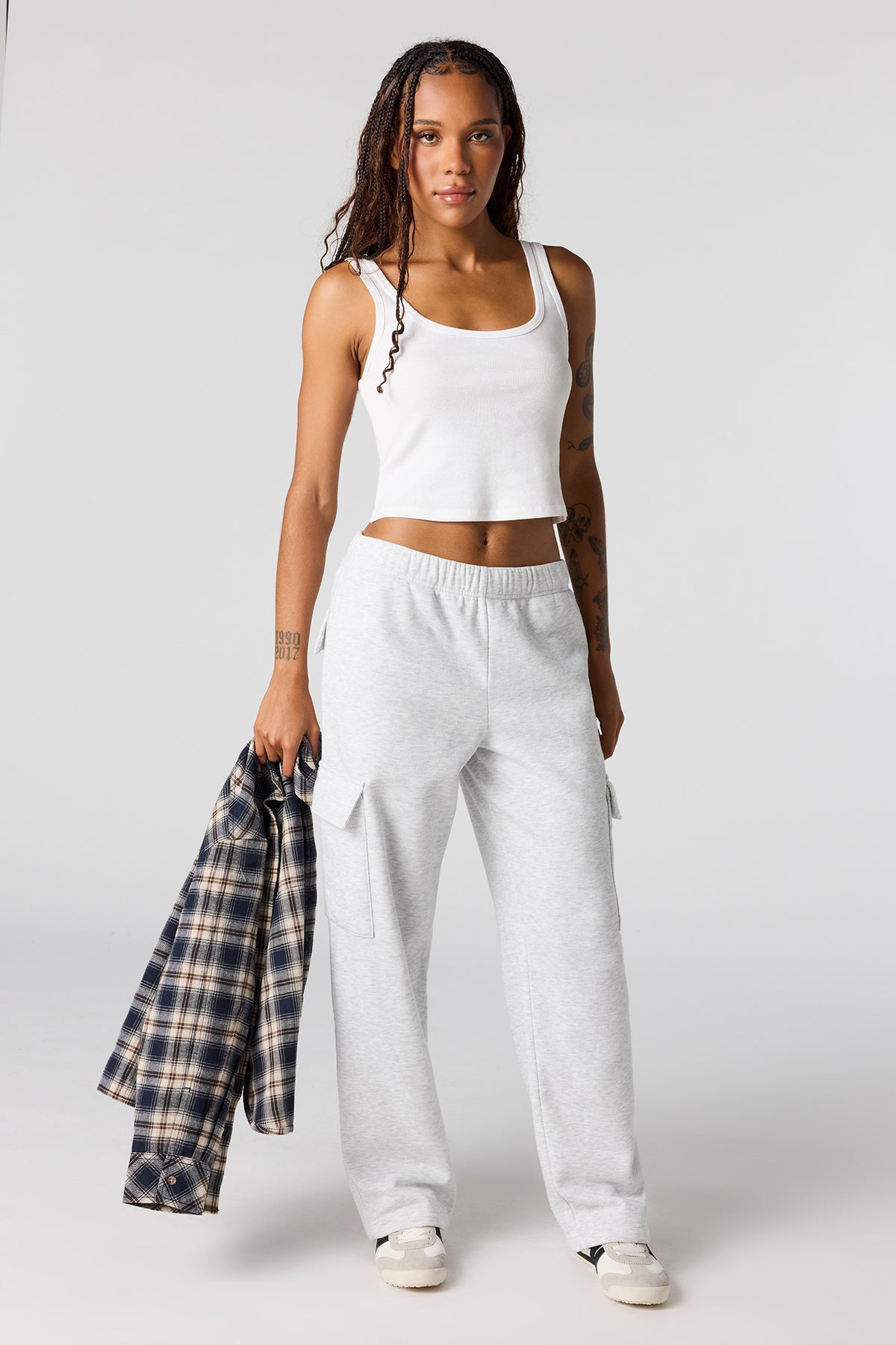 Wide Leg Cargo Fleece Sweatpant - Light Grey