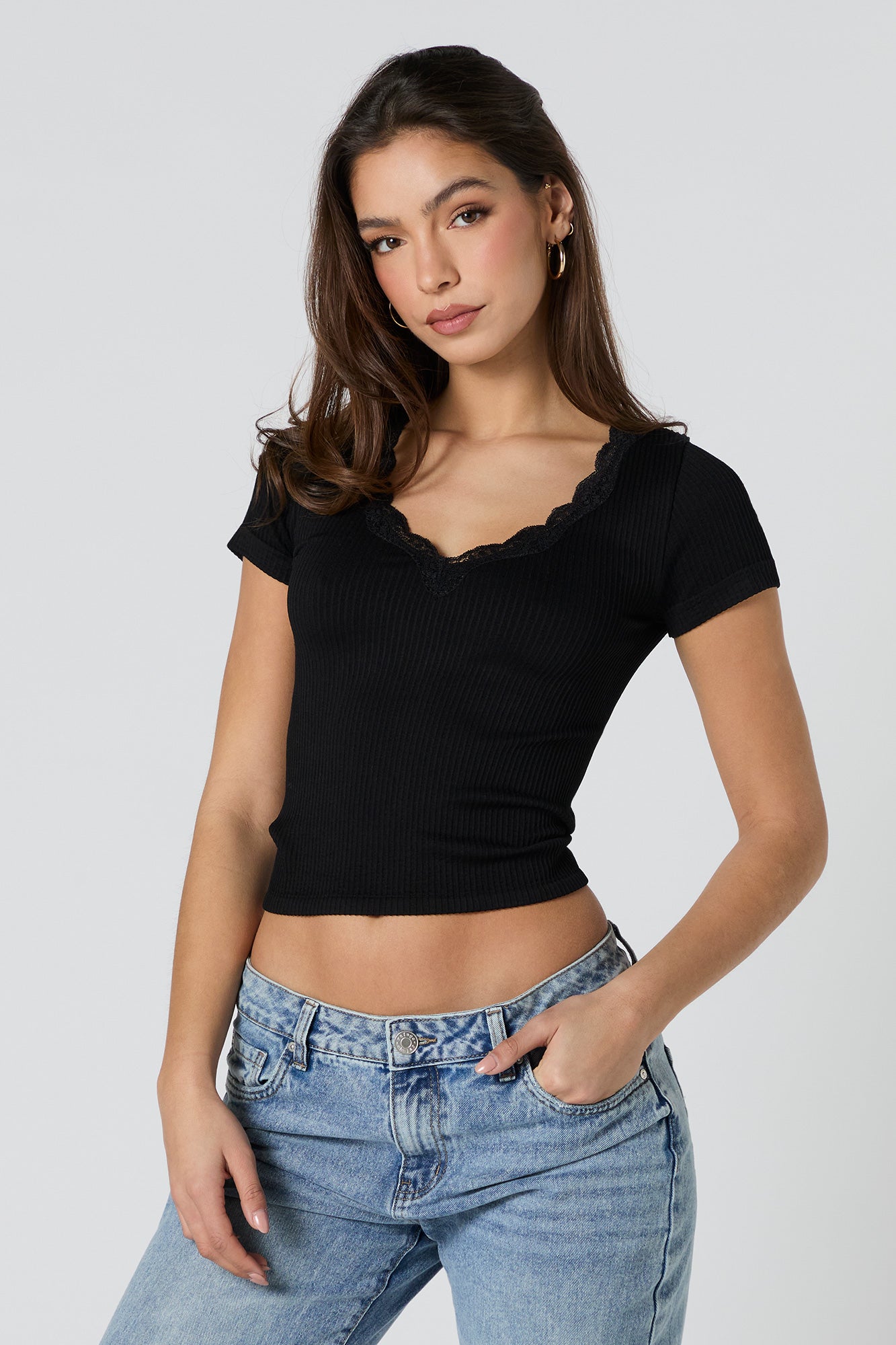 Seamless Ribbed Lace Trim T-Shirt