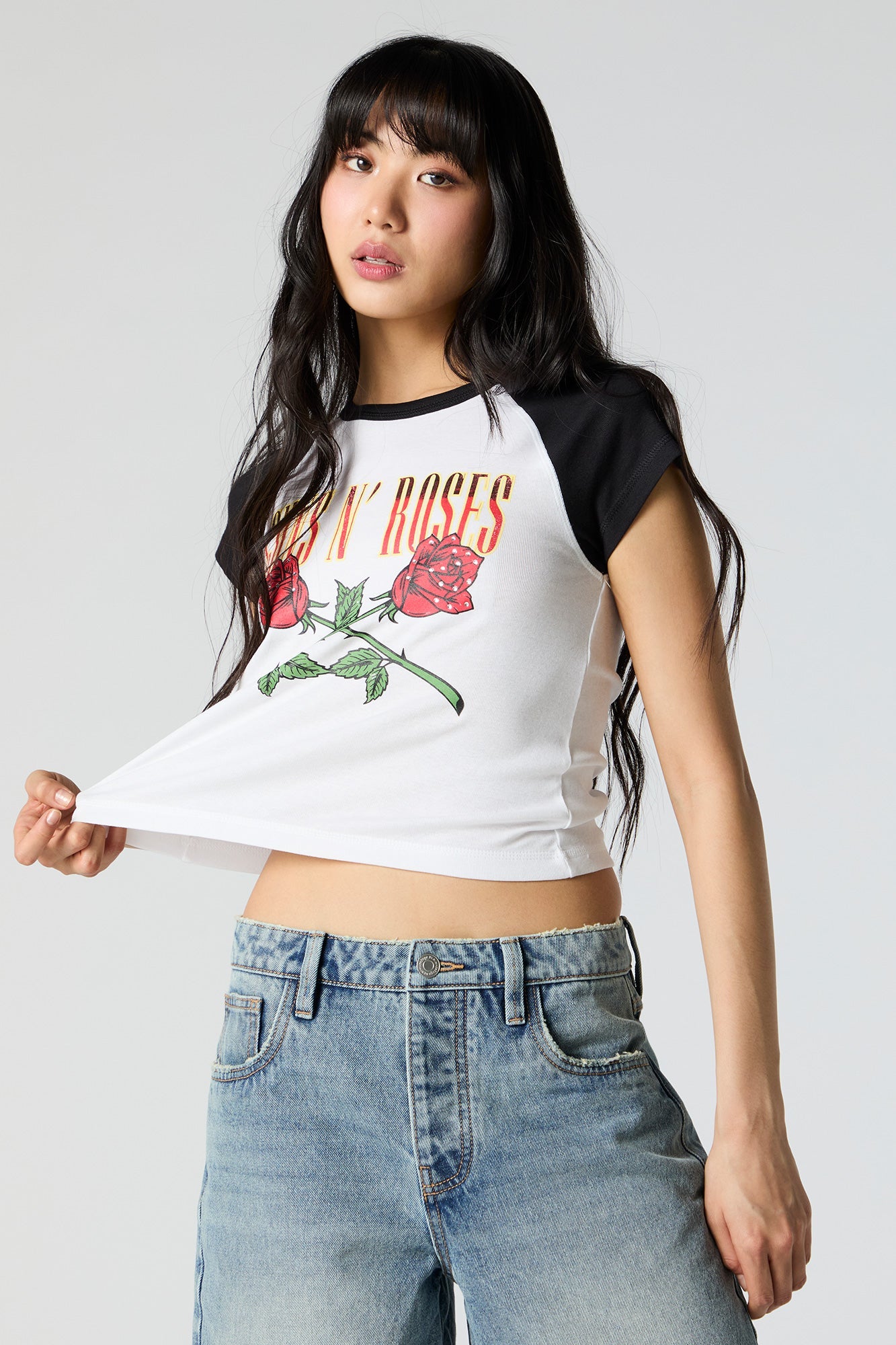 Guns n Roses Rhinestone Graphic Raglan T-Shirt