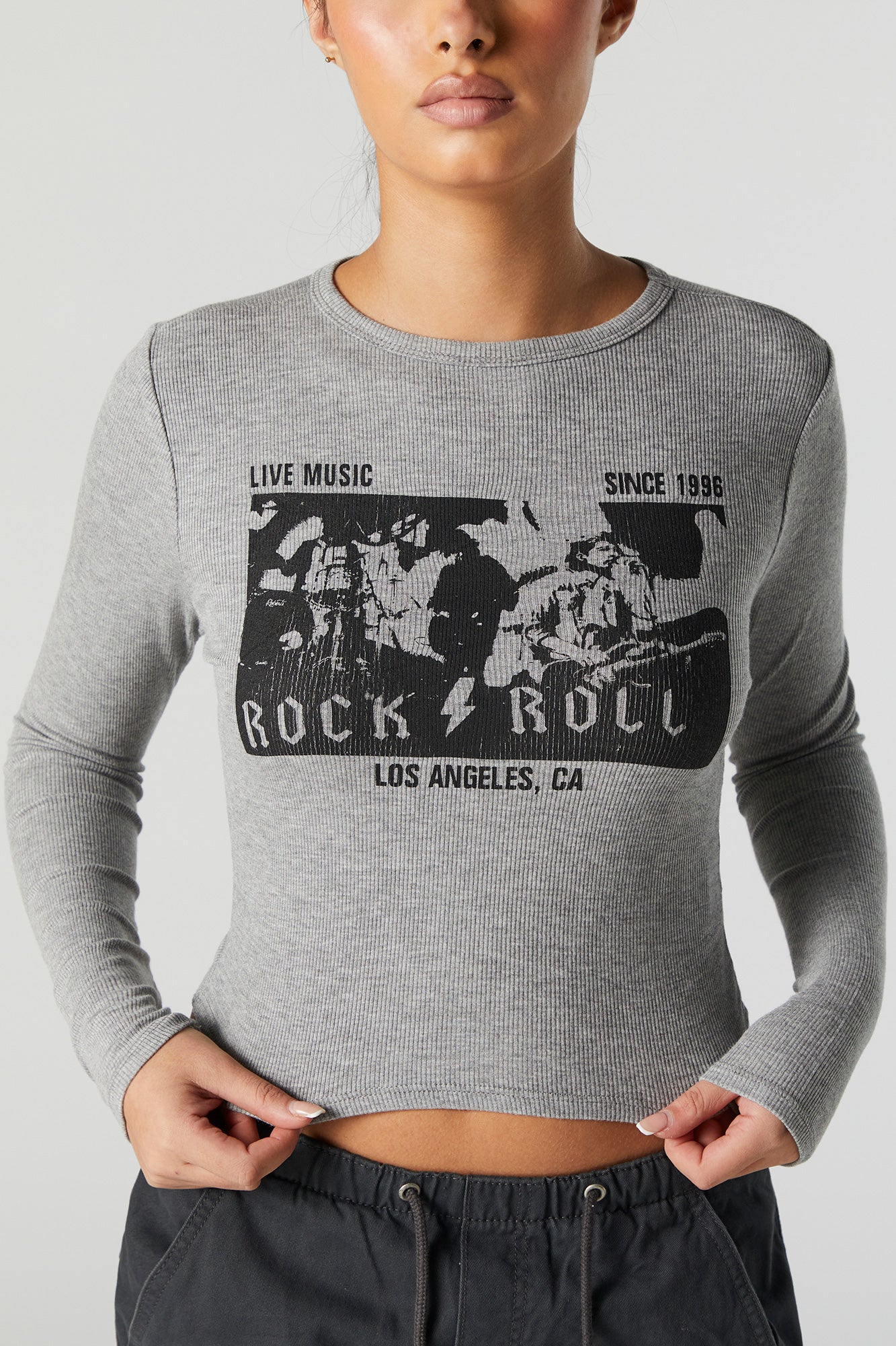 Rock and Roll Graphic Long Sleeve Crop Top