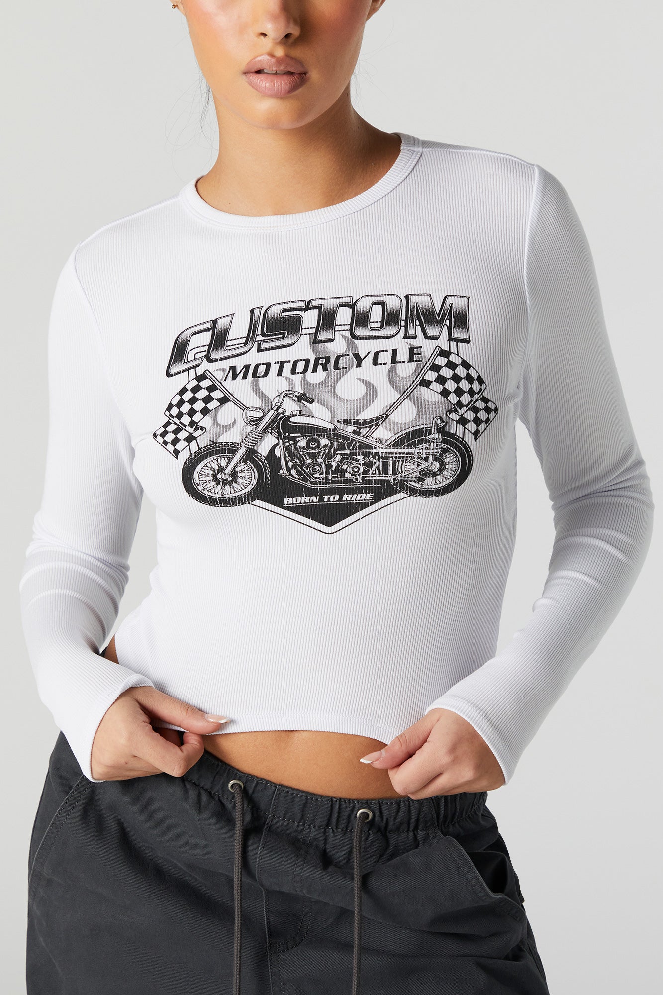 Motorcycle Graphic Long Sleeve Crop Top