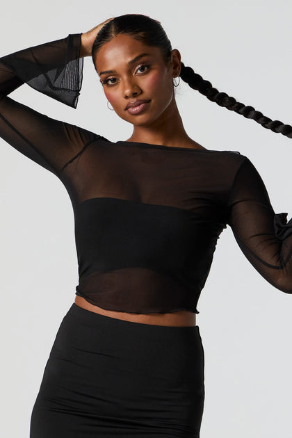 ONLY Mesh Bell Sleeve Top in Black