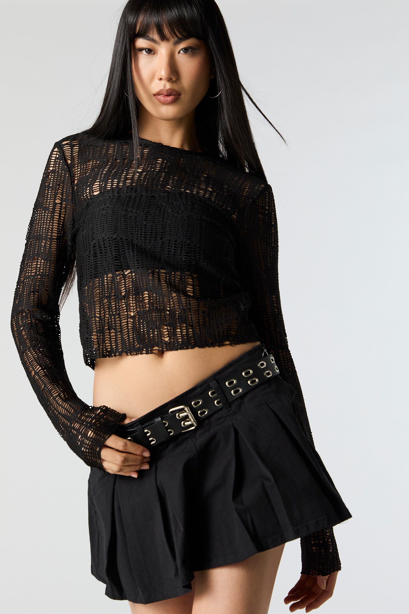 Fishnet Cropped Long Sleeve Top
