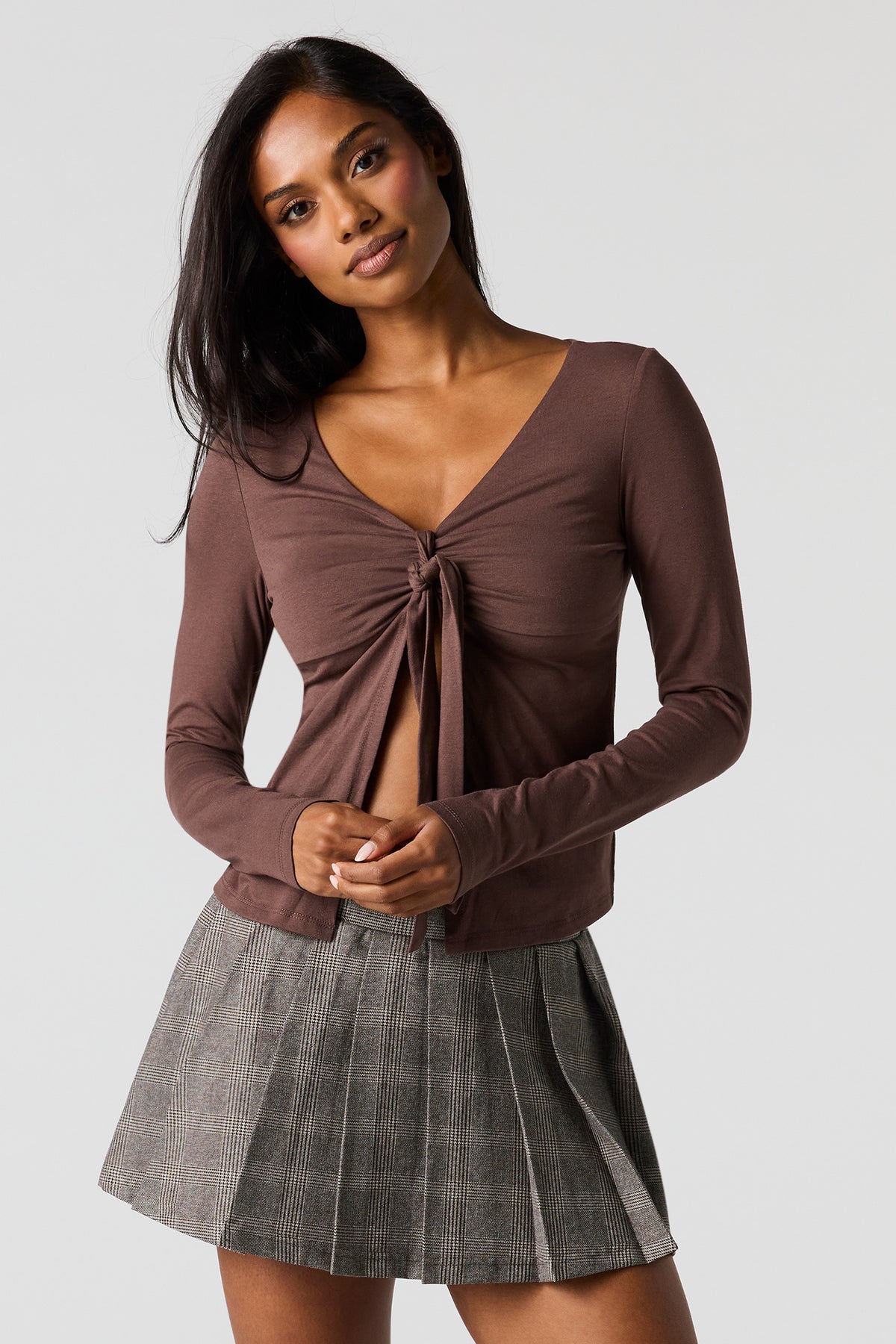 Contour Cinched Flyaway Long Sleeve Top - Brown