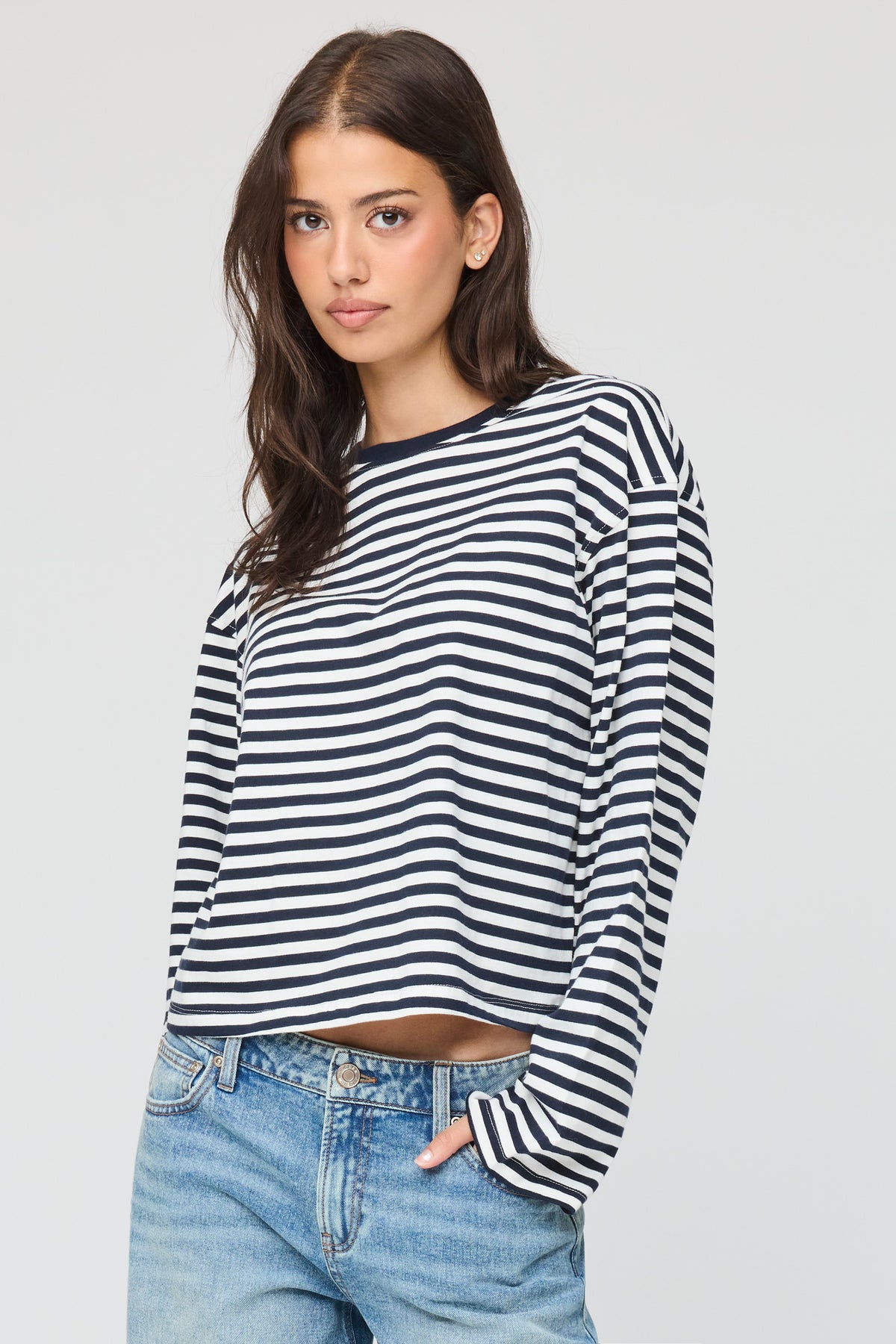 Alt View 4. Boxy Striped Long Sleeve Top - Royal Blue