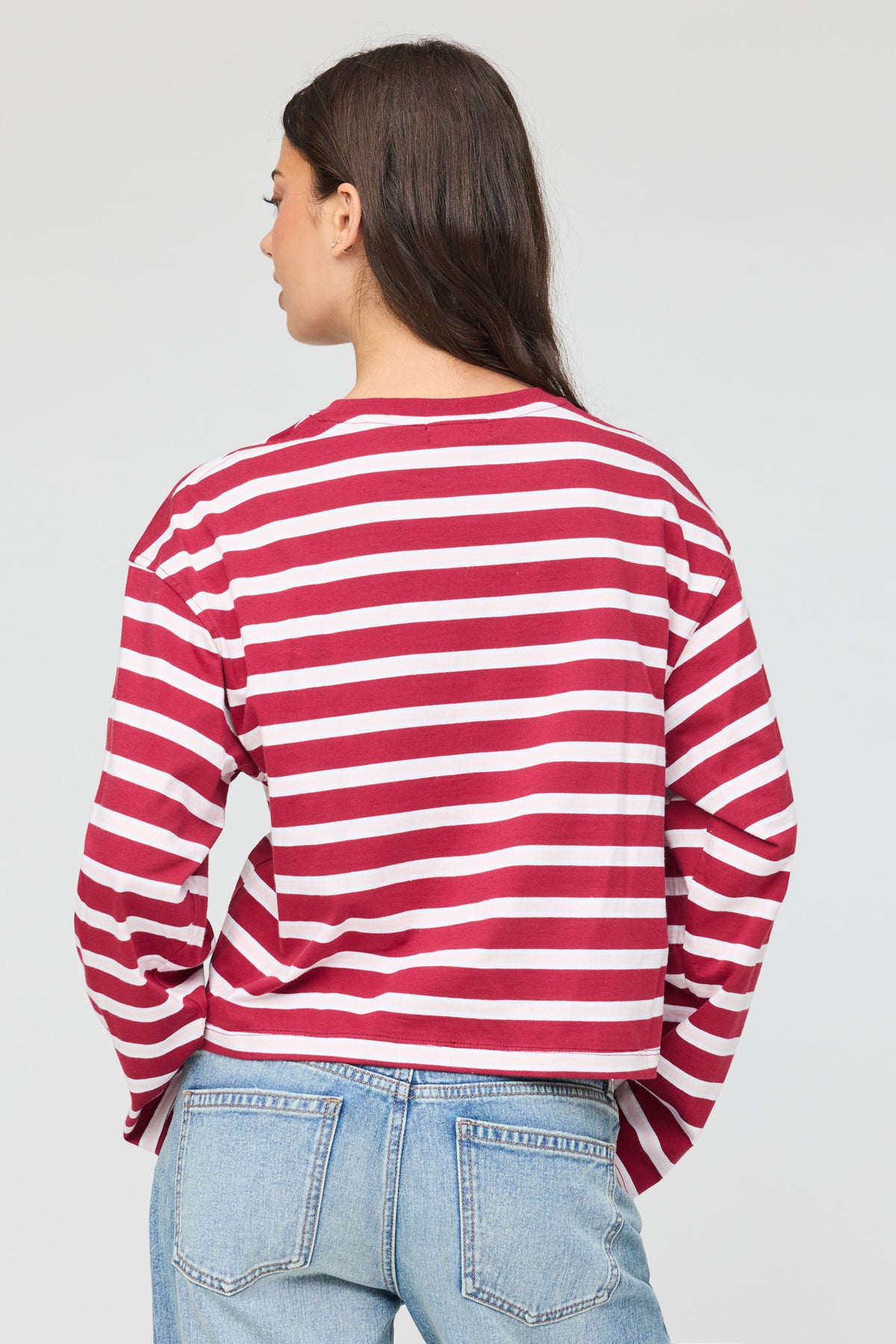 Alt View 2. Boxy Striped Long Sleeve Top - Cherry