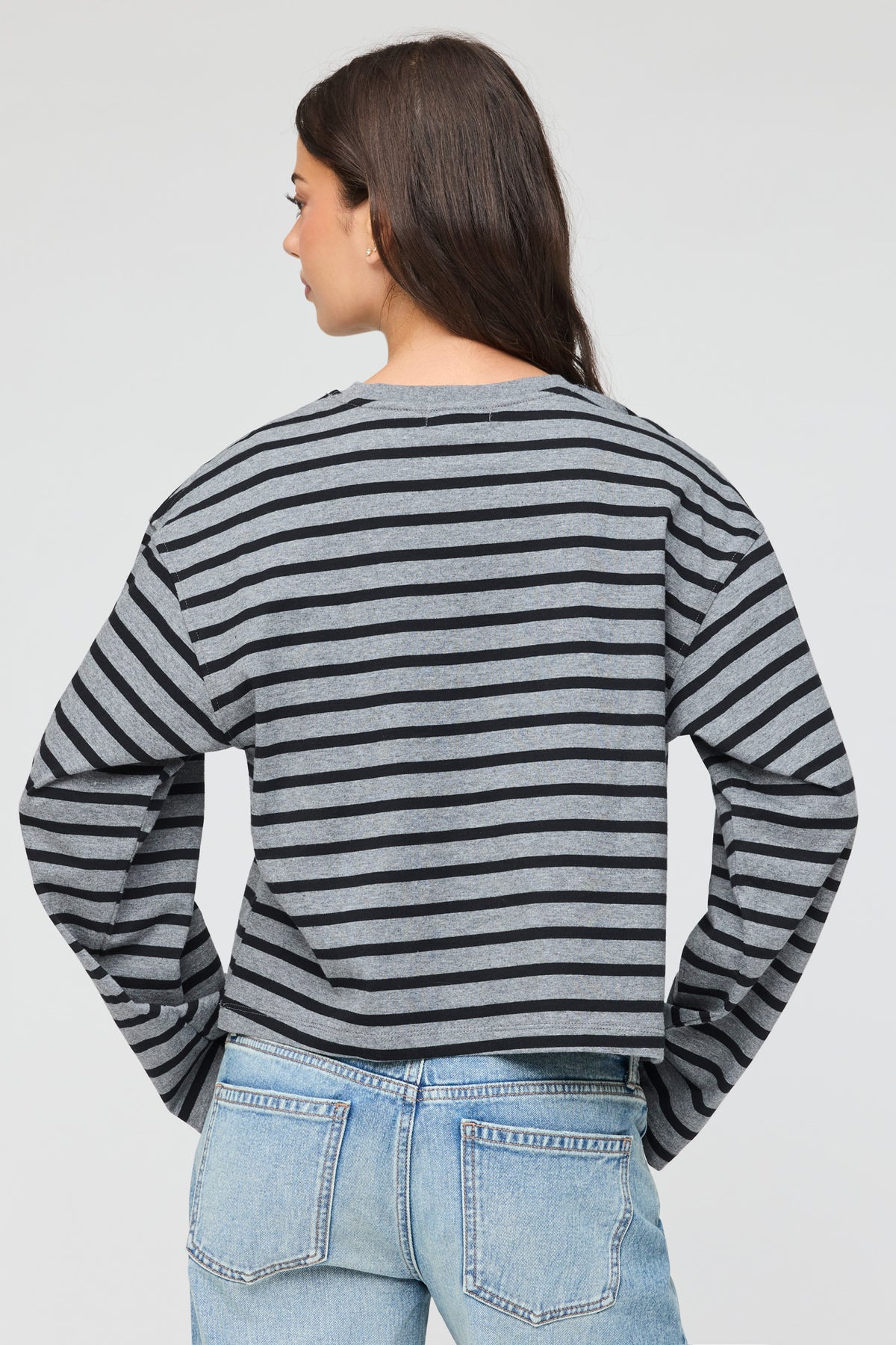 Alt View 2. Boxy Striped Long Sleeve Top - Black with White