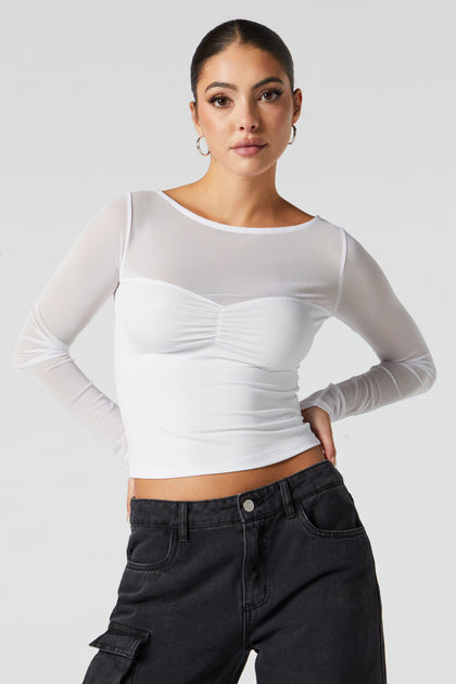 Contour Cinched Mesh Long Sleeve Top