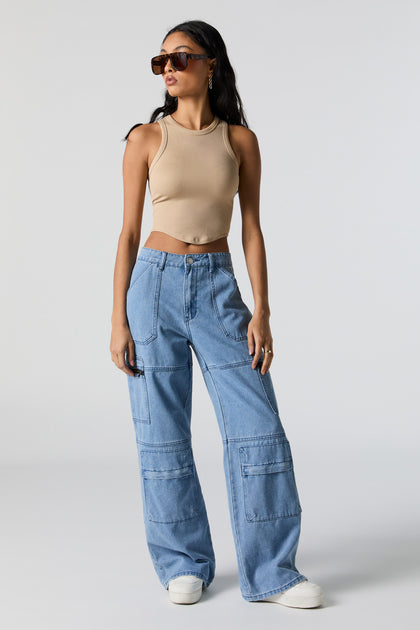 Mid Rise Washed Wide Leg Cargo Jeans