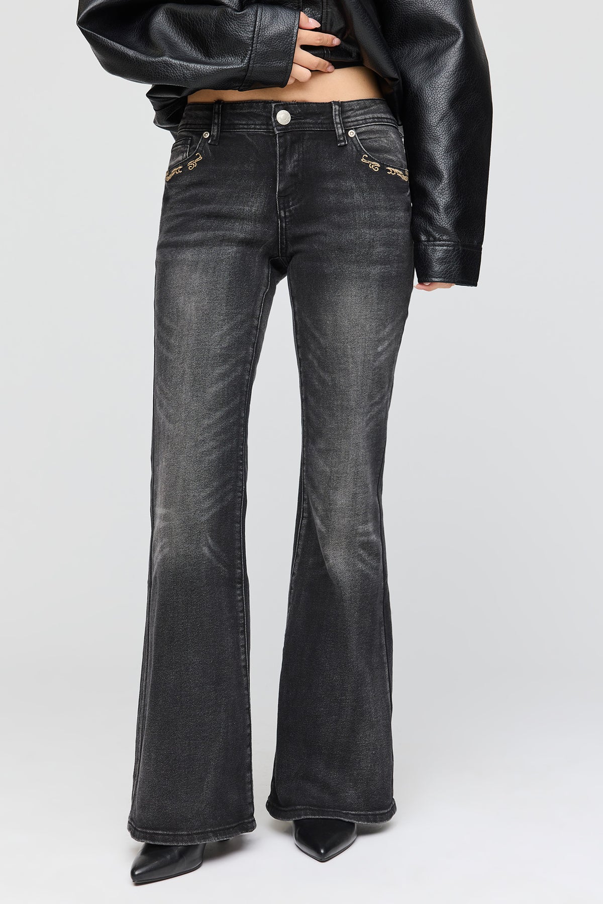 Alt View 2. Stretch Embroidered Sequin Flare Jean - Black