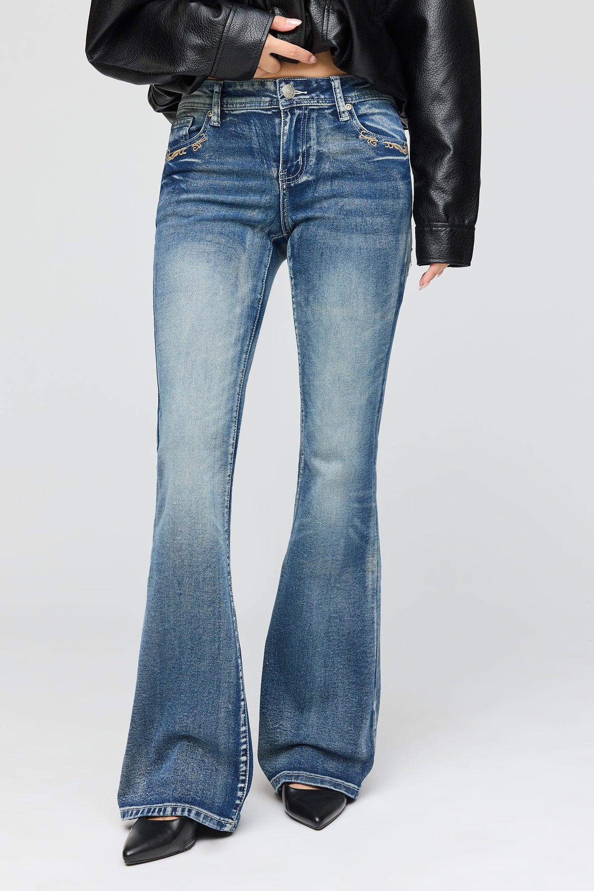 Alt View 2. Stretch Embroidered Sequin Flare Jean - Denim Blue