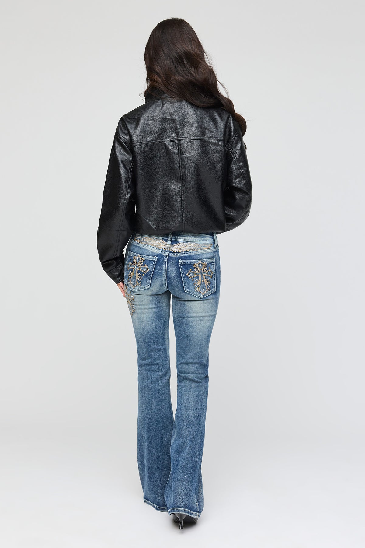 Alt View 3. Stretch Embroidered Sequin Flare Jean - Denim Blue