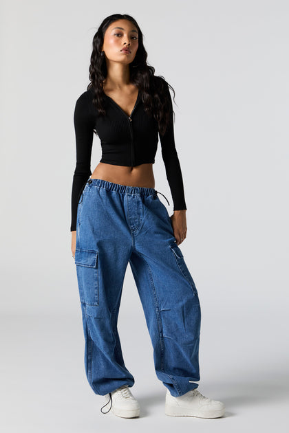 High Waist Wide Cargo Jeans Pants Women Fashion Muslimah - Black Dark Light  Blue