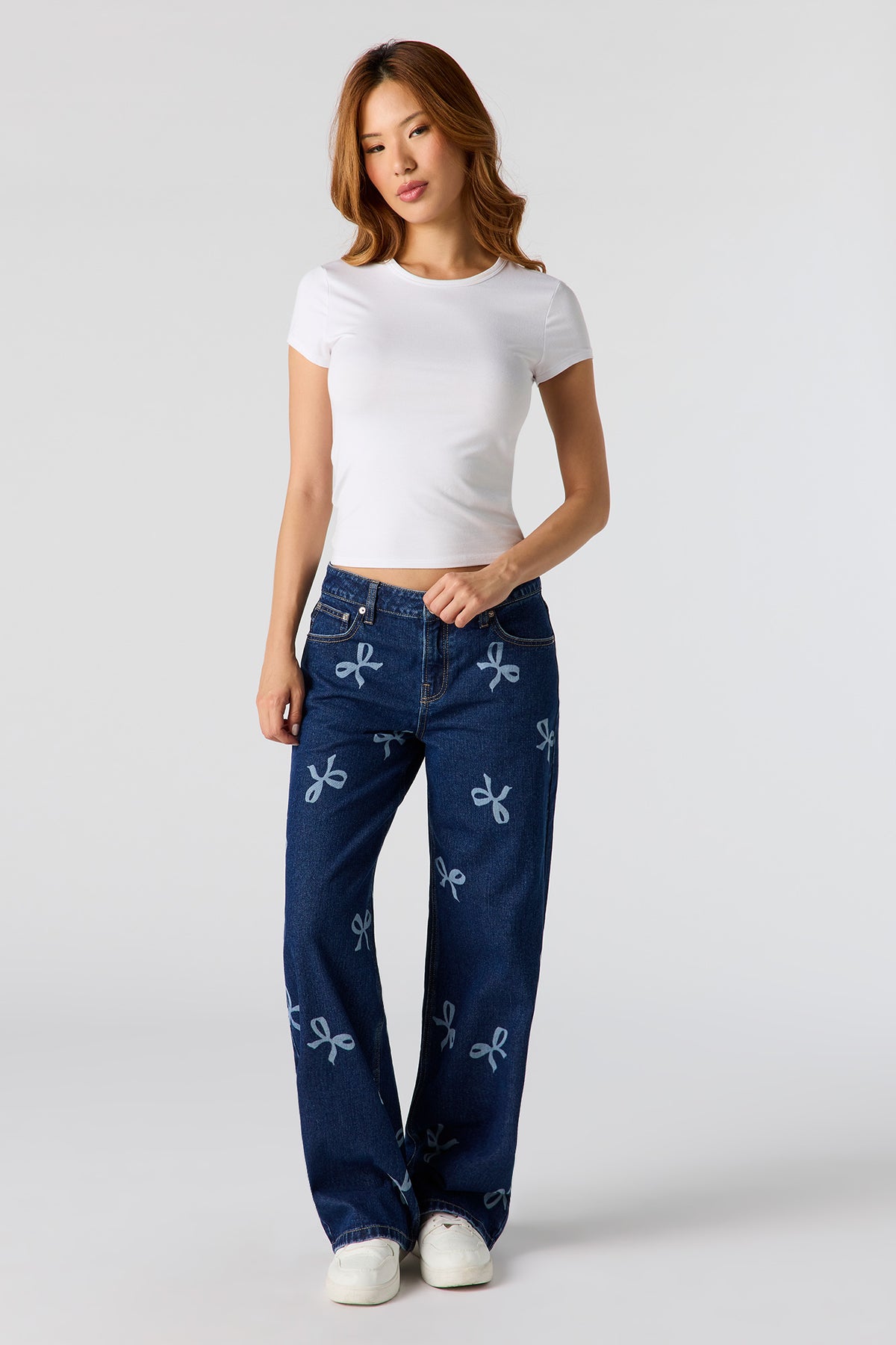Low Rise Bow Print Baggy Jean - Rinse Denim