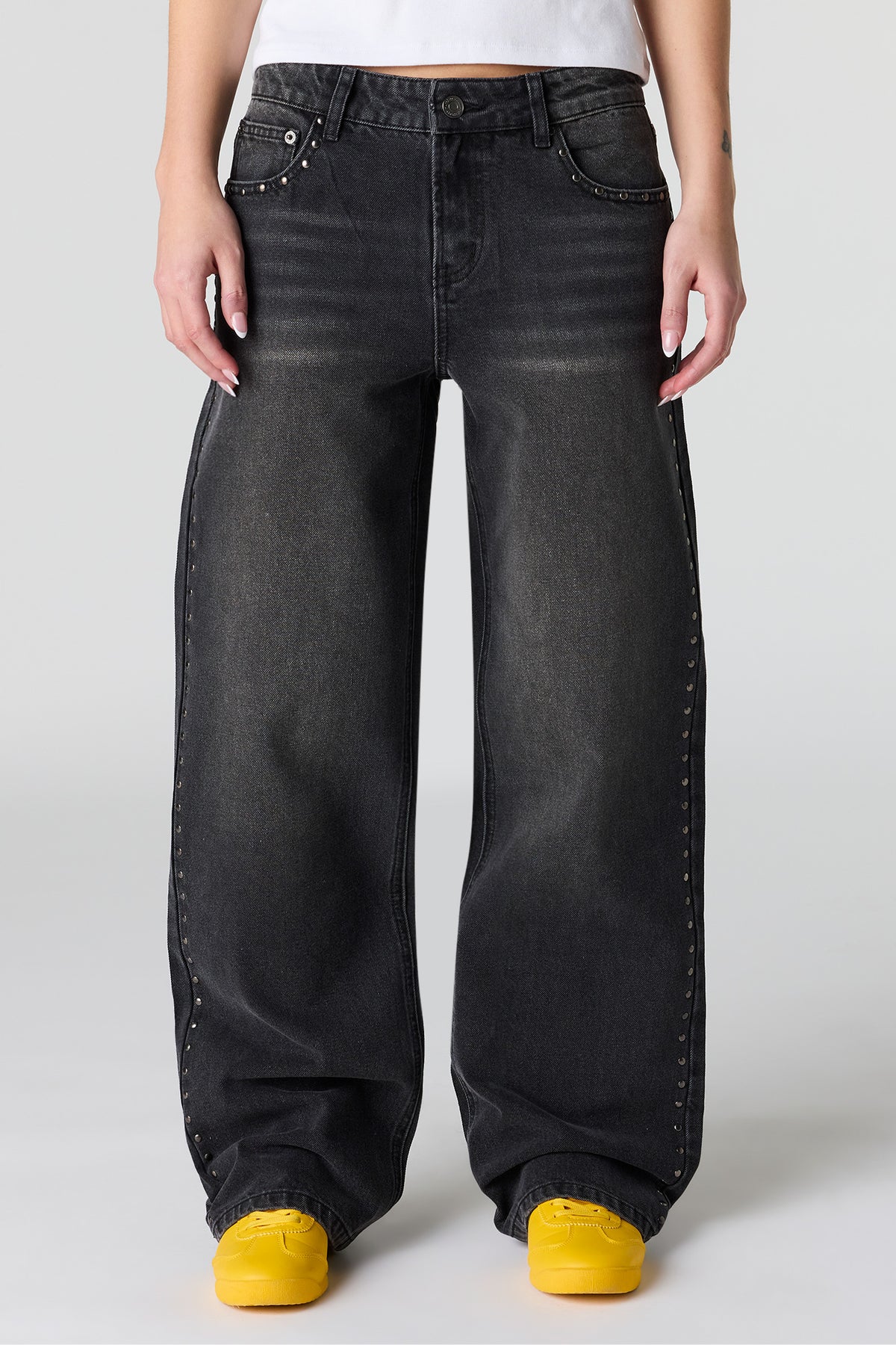 Alt View 2. Low Rise Baggy Jean with Studded Trim - Black