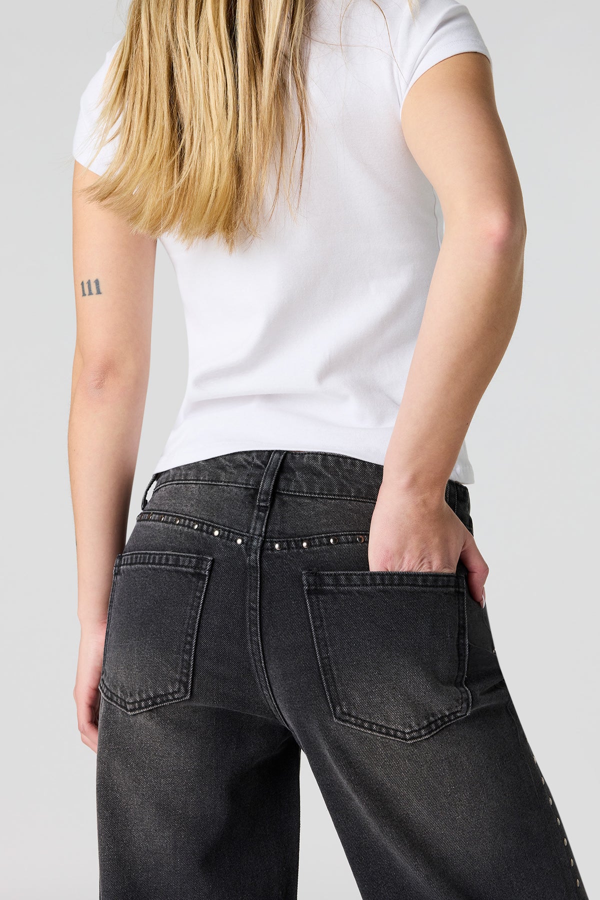 Alt View 4. Low Rise Baggy Jean with Studded Trim - Black