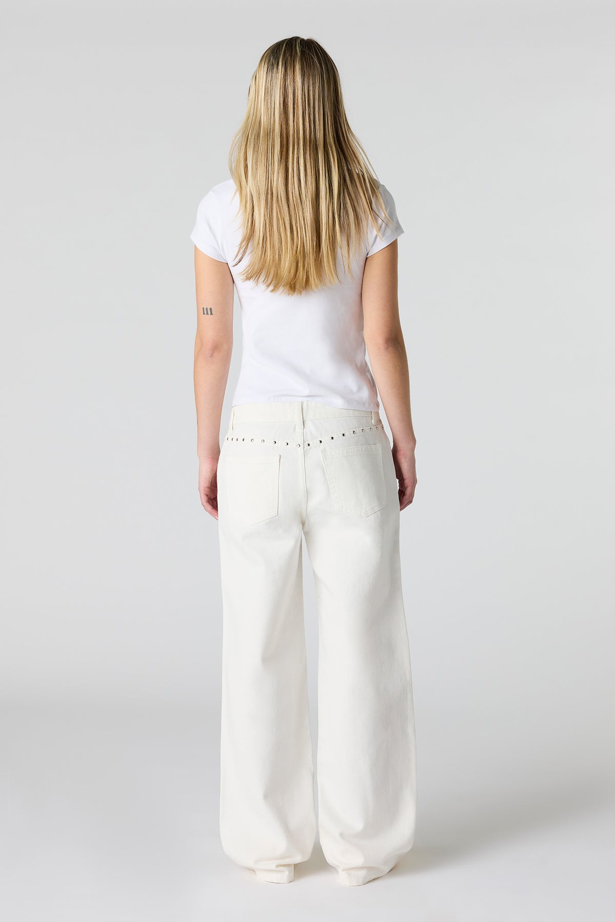 Alt View 3. Low Rise Baggy Jean with Studded Trim - White